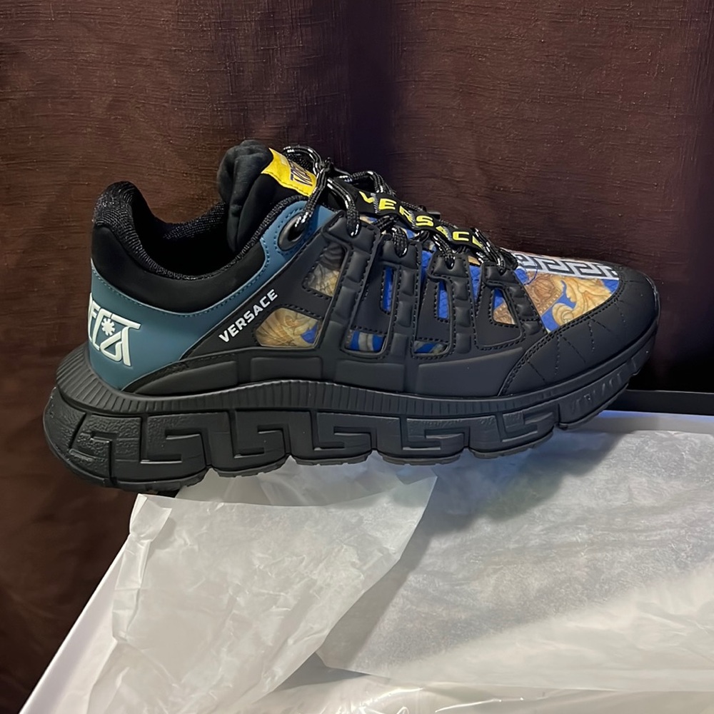 Hi I have Versace black+lapis+multi colored sneakers size 42/9